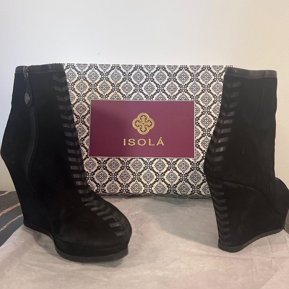 Isola Women's Black Suede Boots with Black Woven Leather Accents, Size 8